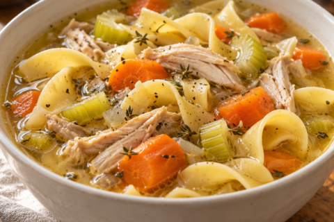 Bowl of chicken noodle soup with shredded chicken, carrots, celery, and egg noodles