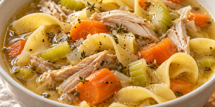 Bowl of chicken noodle soup with shredded chicken, carrots, celery, and egg noodles