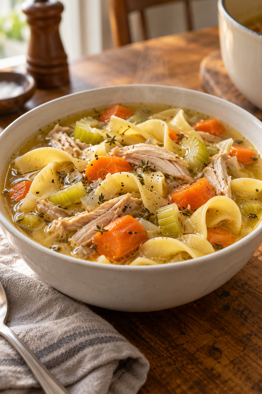 Bowl of chicken noodle soup with shredded chicken, carrots, celery, and egg noodles