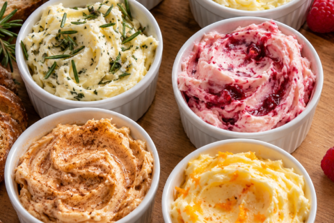 Six bowls of sweet and savory compound butter with bread, citrus, herbs, and raspberries