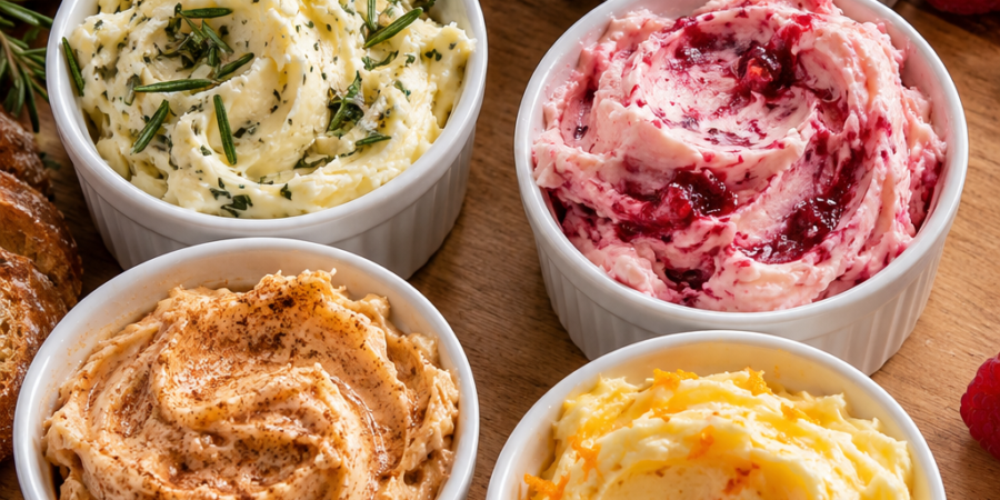 Six bowls of sweet and savory compound butter with bread, citrus, herbs, and raspberries