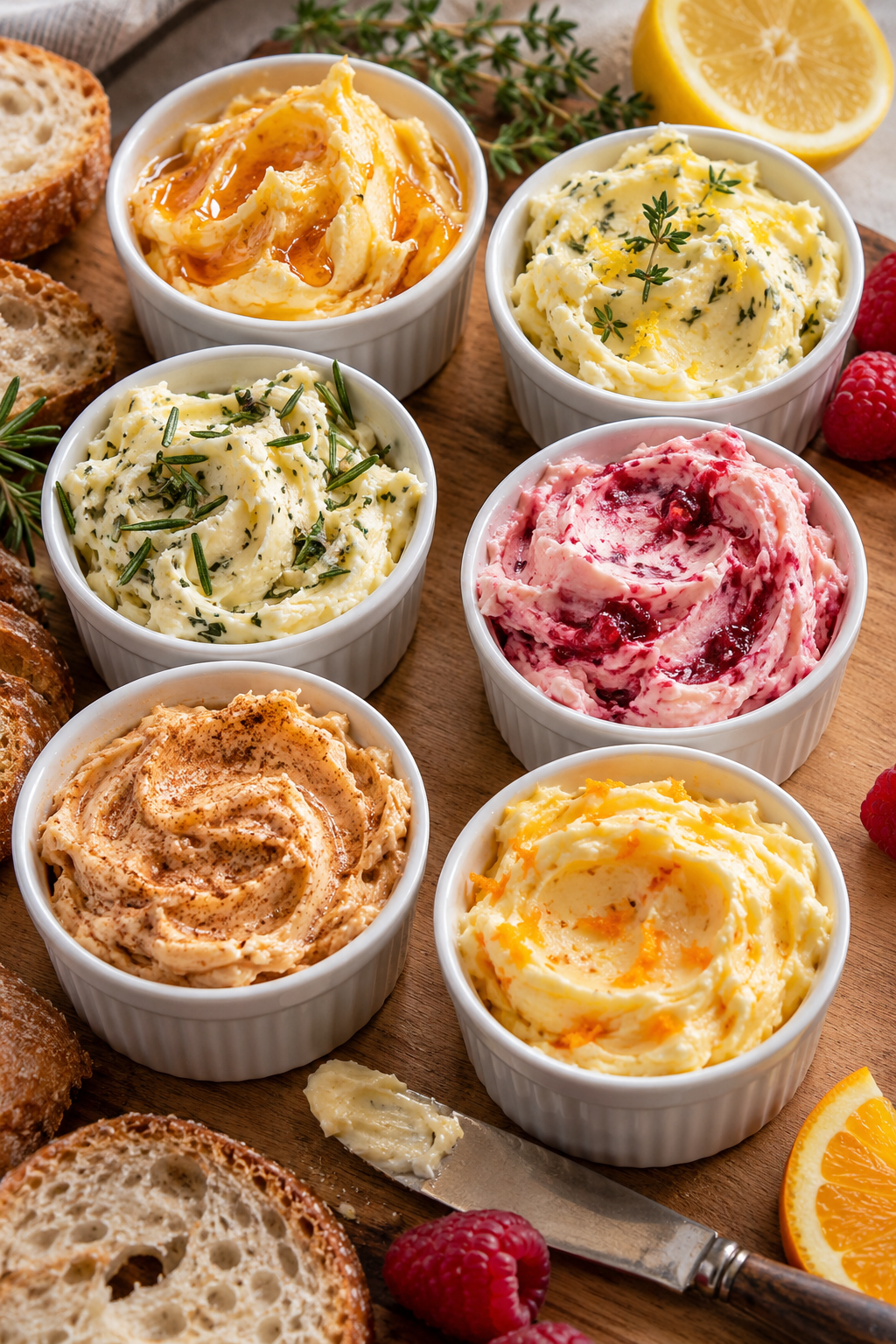 Six bowls of sweet and savory compound butter with bread, citrus, herbs, and raspberries